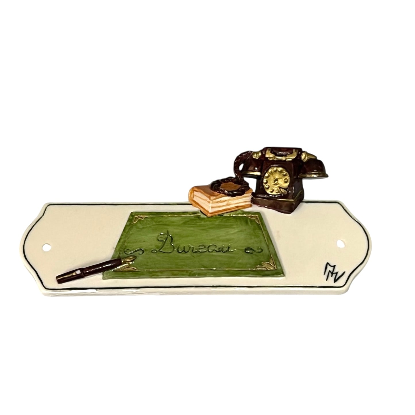 Decorative novelty door sign for an office labelled in French as Bureau, with a telephone, book and pan decoration on a white background