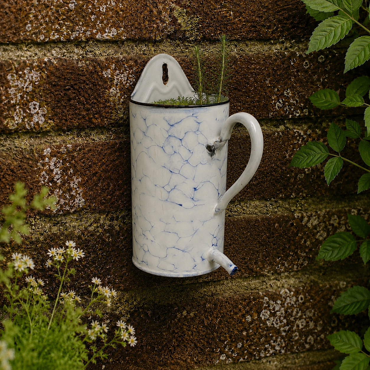 A white enamel wall-mounted planter shaped like a mug, with blue crackle-style veining, mounted on a weathered brick wall with green plants growing in and around it.