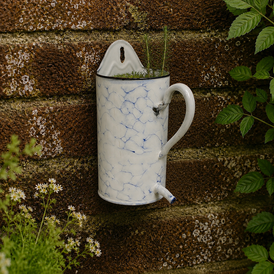 A white enamel wall-mounted planter shaped like a mug, with blue crackle-style veining, mounted on a weathered brick wall with green plants growing in and around it.