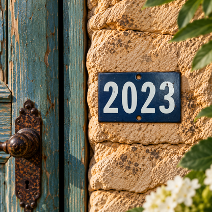 A rectangular blue house number plaque with white '2023' text mounted on a tan stone wall next to a weathered teal wooden door with a rusted metal handle.