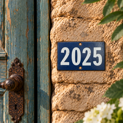 A rectangular blue house number plaque with white '2025' text mounted on a tan stone wall next to a weathered teal wooden door with an ornate rusted metal handle.