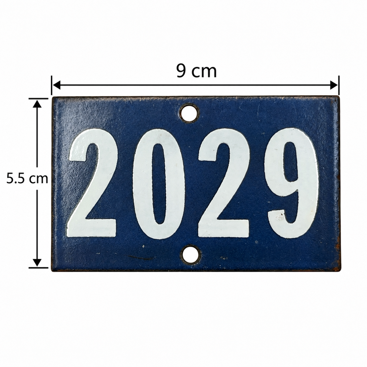 Blue and white vintage enamel door number 2029 with measurements