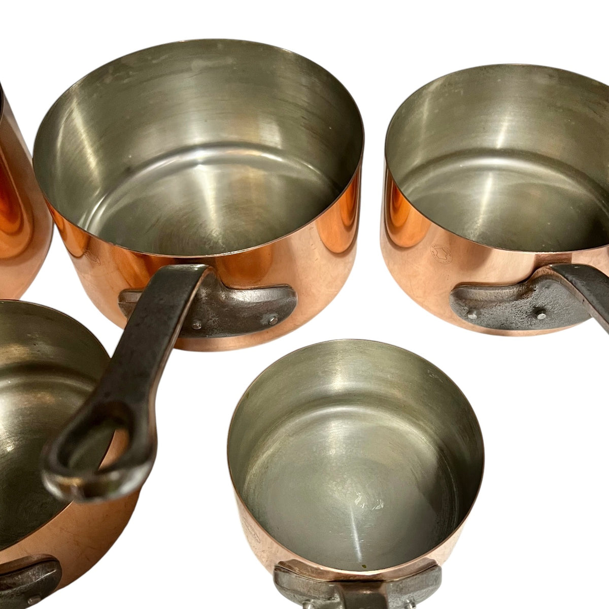 Vintage French Copper Saucepan Set of 5 | Tin Lined Cast Iron Handles