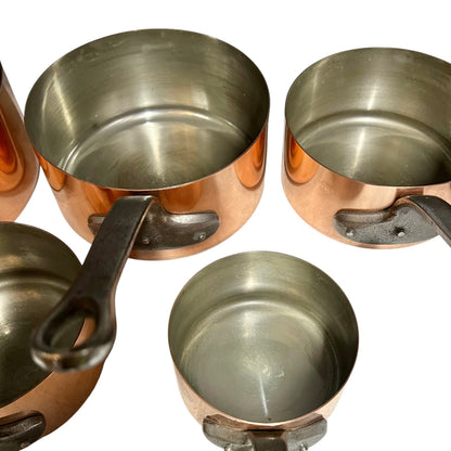Vintage French Copper Saucepan Set of 5 | Tin Lined Cast Iron Handles