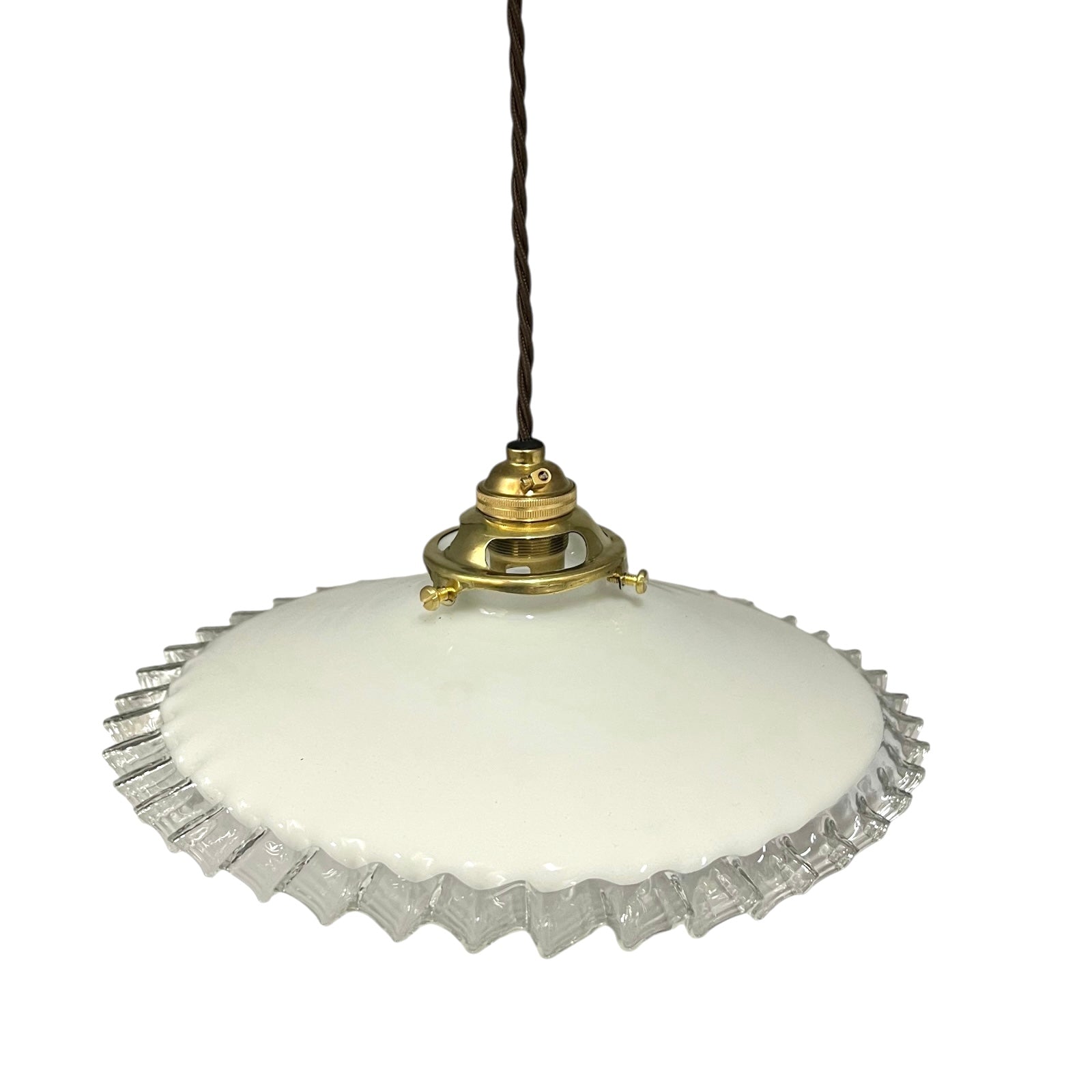 Vintage-style pendant light with white glass shade and brass fitting on a white background