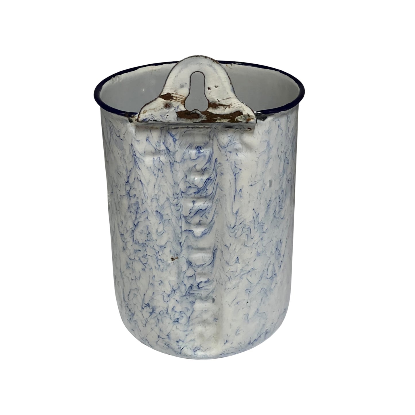 A vintage enamel cpot with a blue and white marbled pattern, featuring a dark blue rim and a metal handle on top.