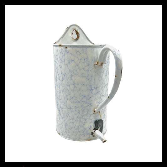 French vintage blue and white irrigator douche with a small spout, flat back and hanging hook for sale from All Things French Store