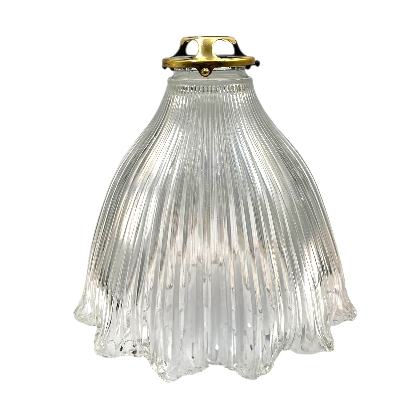 Clear ribbed glass pendant light with brass fitting on a white background