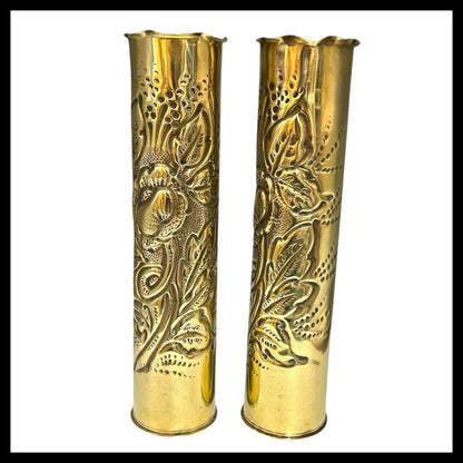 Pair of WW1 Trench Art Vases, French Brass Antique Militaria Relic Collectibles for sale from All Things French Store