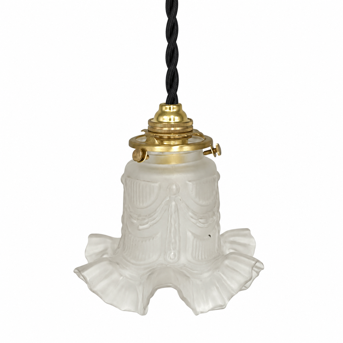 A vintage-style pendant light with a white ruffled glass shade, a brass metal top, and a black twisted cord, shown against a plain white background.