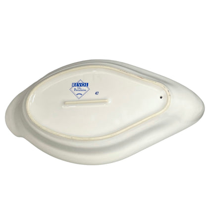 White ceramic dish with a visible brand logo on a white background