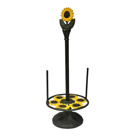 Rustic decorative paper towel holder with a sunflower design, set against a white background.