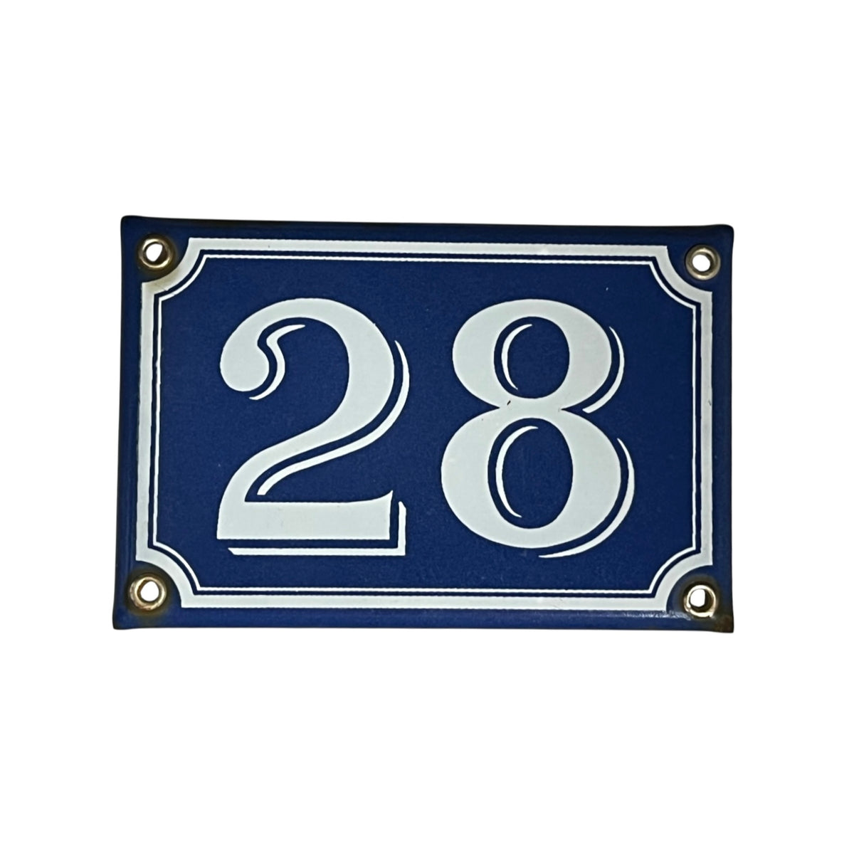 A rectangular blue house number plaque with white lettering and border details, shown on a plain white background.