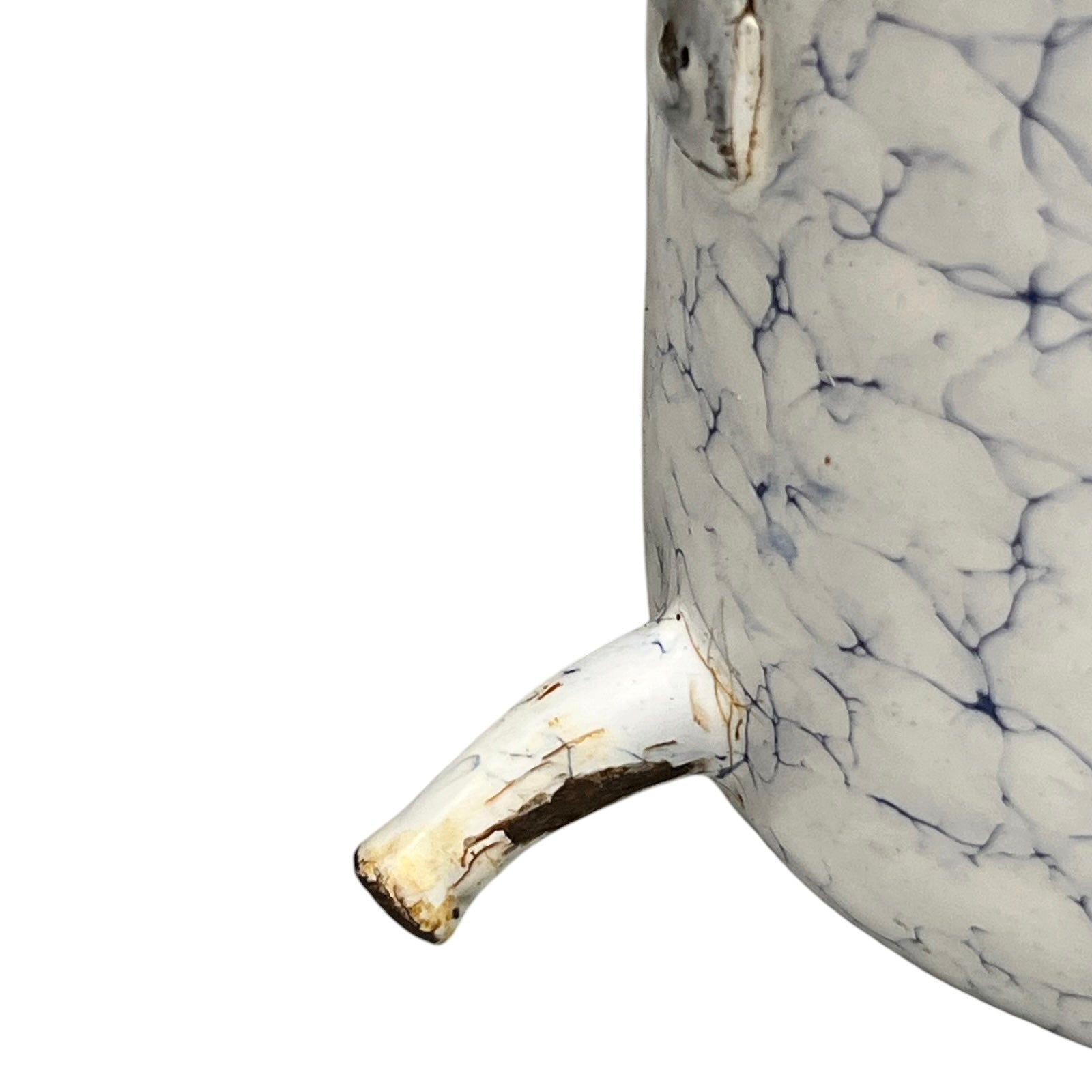 Close up of a French enamel vintage garden wall mounted planter or kitchen bathroom storage pot, on a white background 