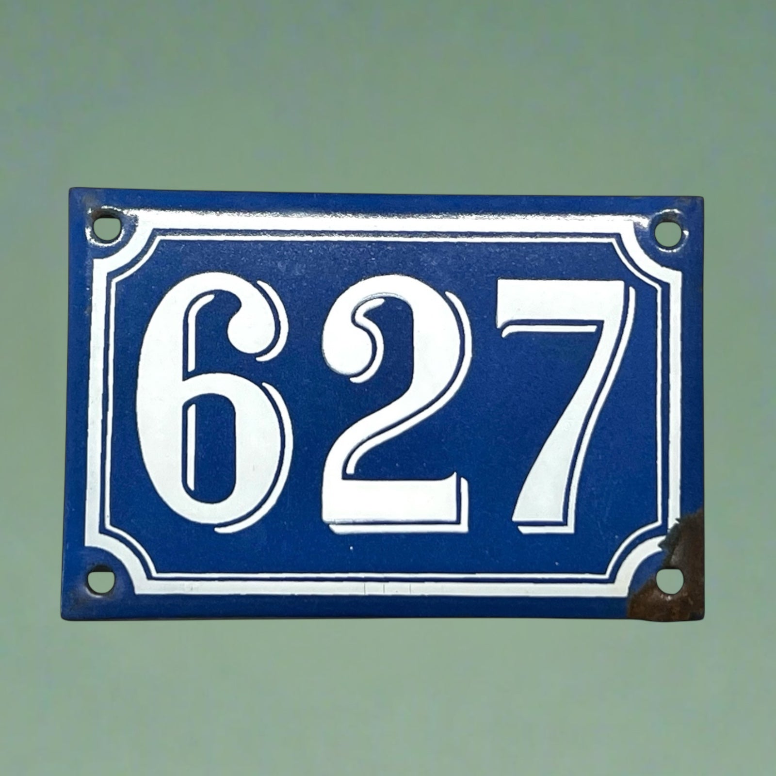 French Vintage Antique Enamel Door Number 627, White and Blue House Number 627 for sale from All Things French Store