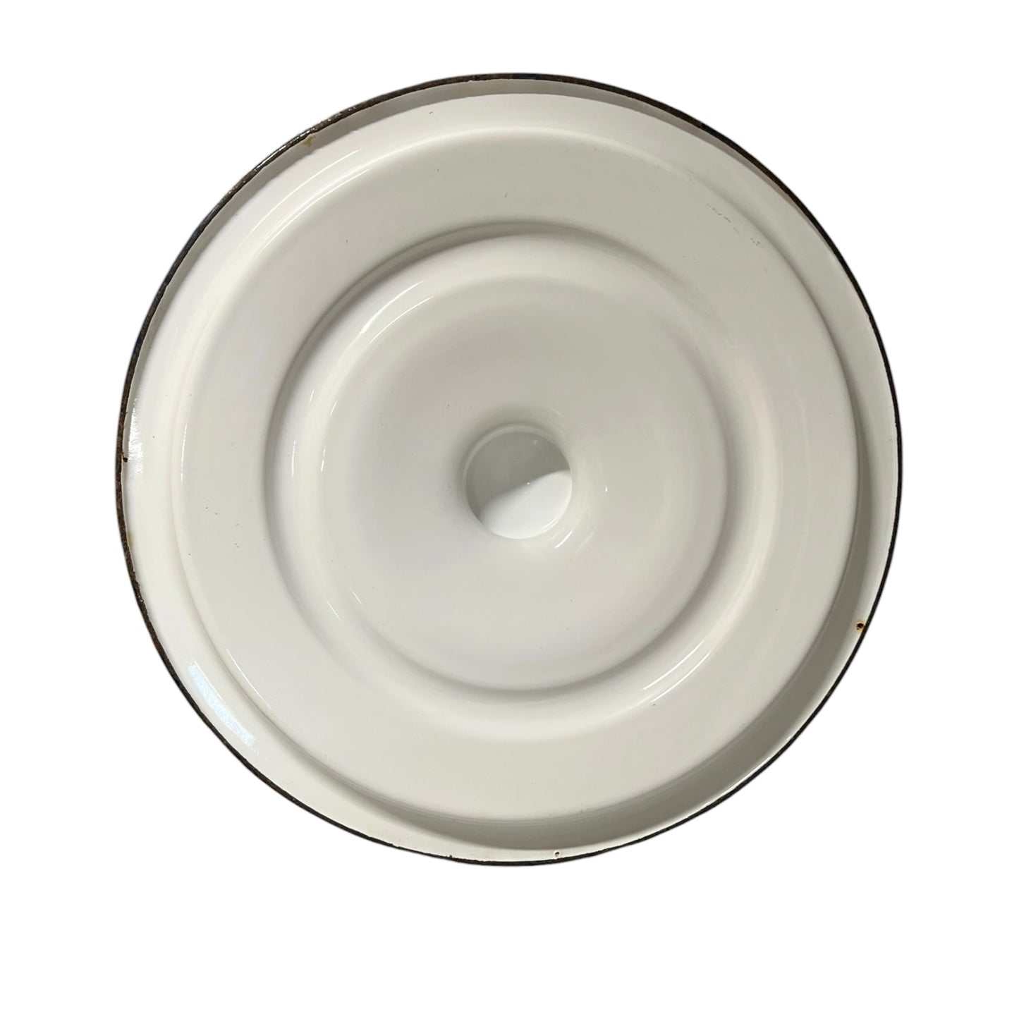 Close up of a vintage enamel lidded white bucket on a white background