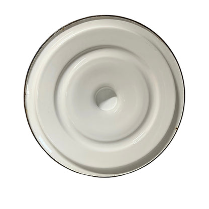Close up of a vintage enamel lidded white bucket on a white background
