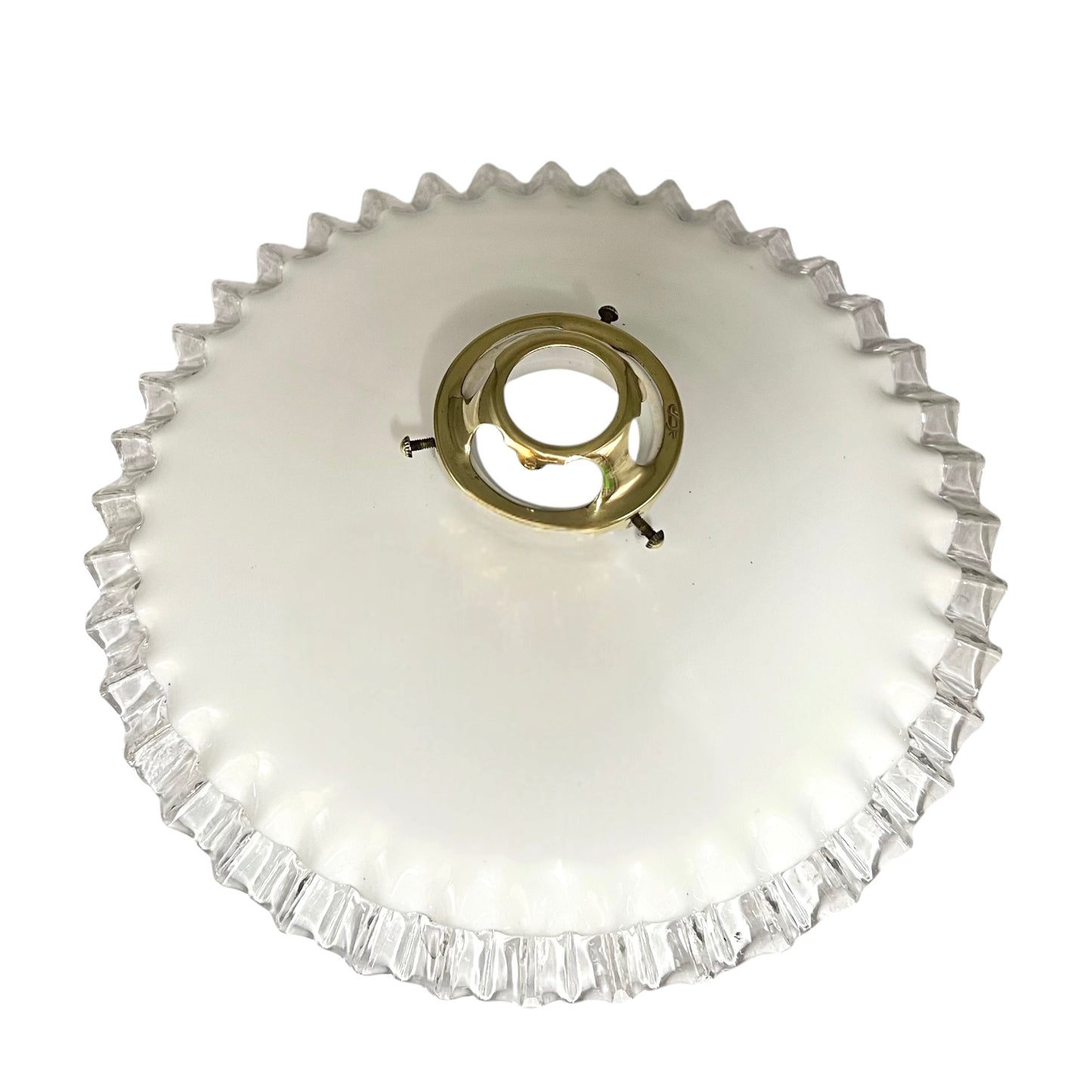 A circular white glass ceiling light fixture shade with a scalloped, fluted edge and a central brass mounting ring, shown against a plain white background.