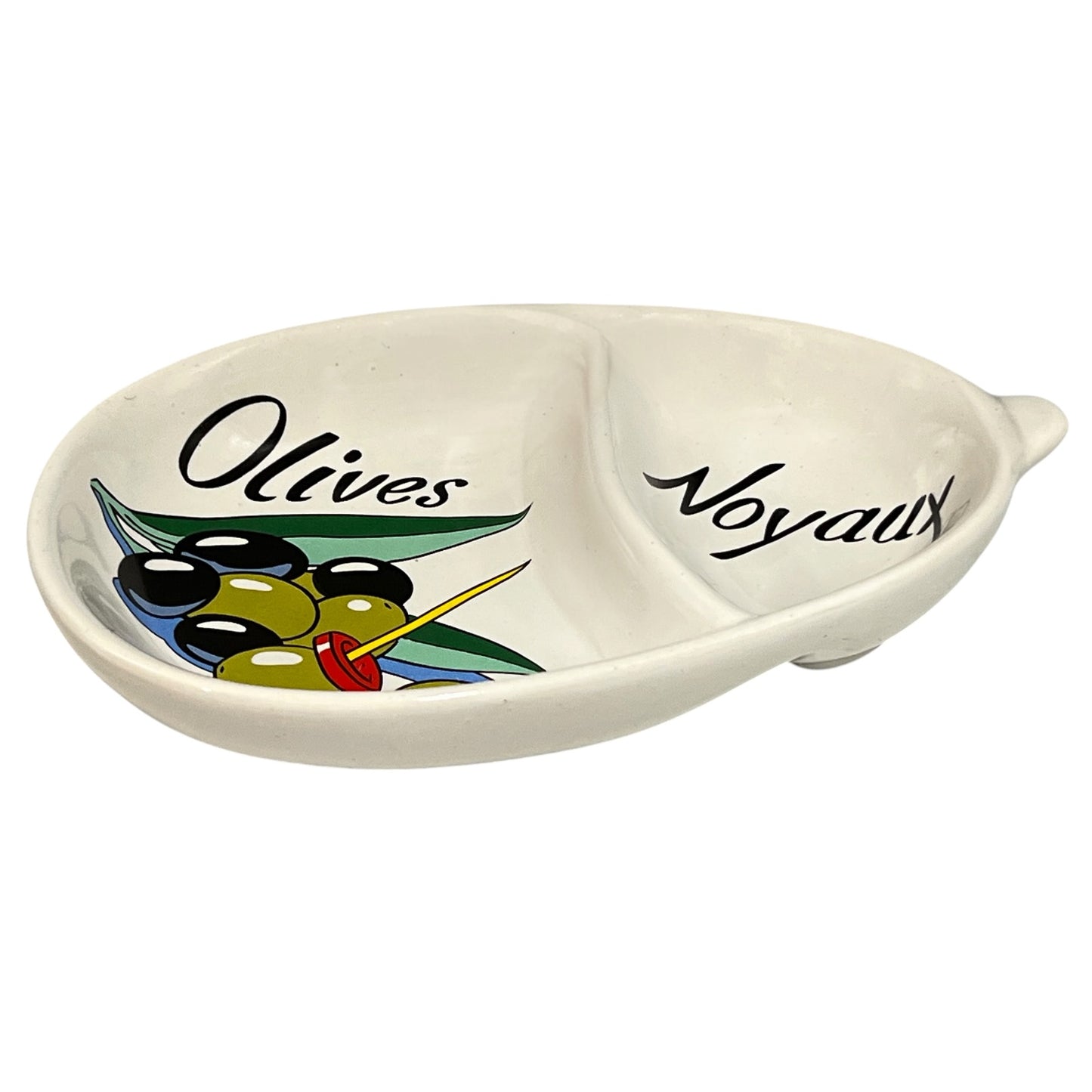 Ceramic dish shaped like a lemon with compartments labeled 'Olives' and 'Noix'