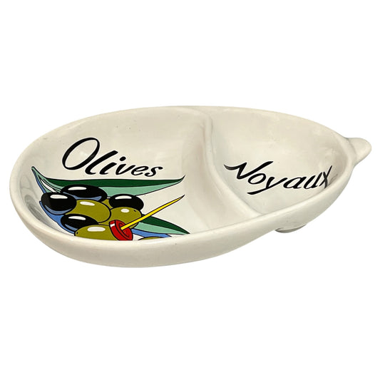 Ceramic dish shaped like a lemon with compartments labeled 'Olives' and 'Noix'