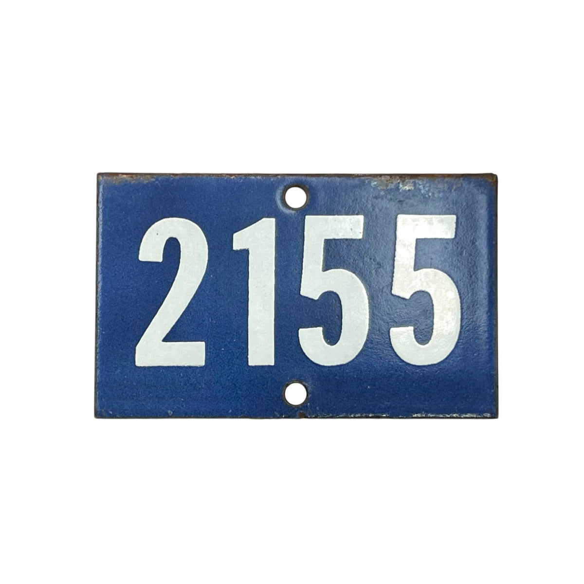 A rectangular blue house number plaque with white painted numerals '2155' and two mounting holes, shown on a plain white background.