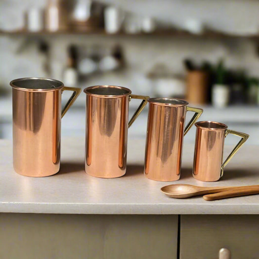 Set of 4 French Vintage Copper Kitchen or Bar Measures with brass handles for sale from All Things French Store