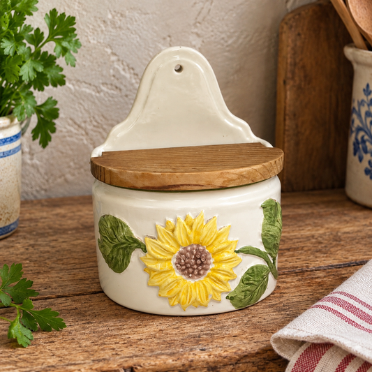 Vintage French Ceramic Salt Box – Wall-Mounted Sel Crock with Lid