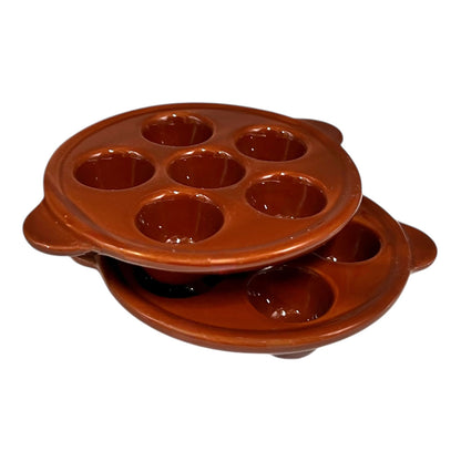 Brown ceramic egg ,snail, or escargots plates with multiple compartments on a white background for sale by All Things French Store