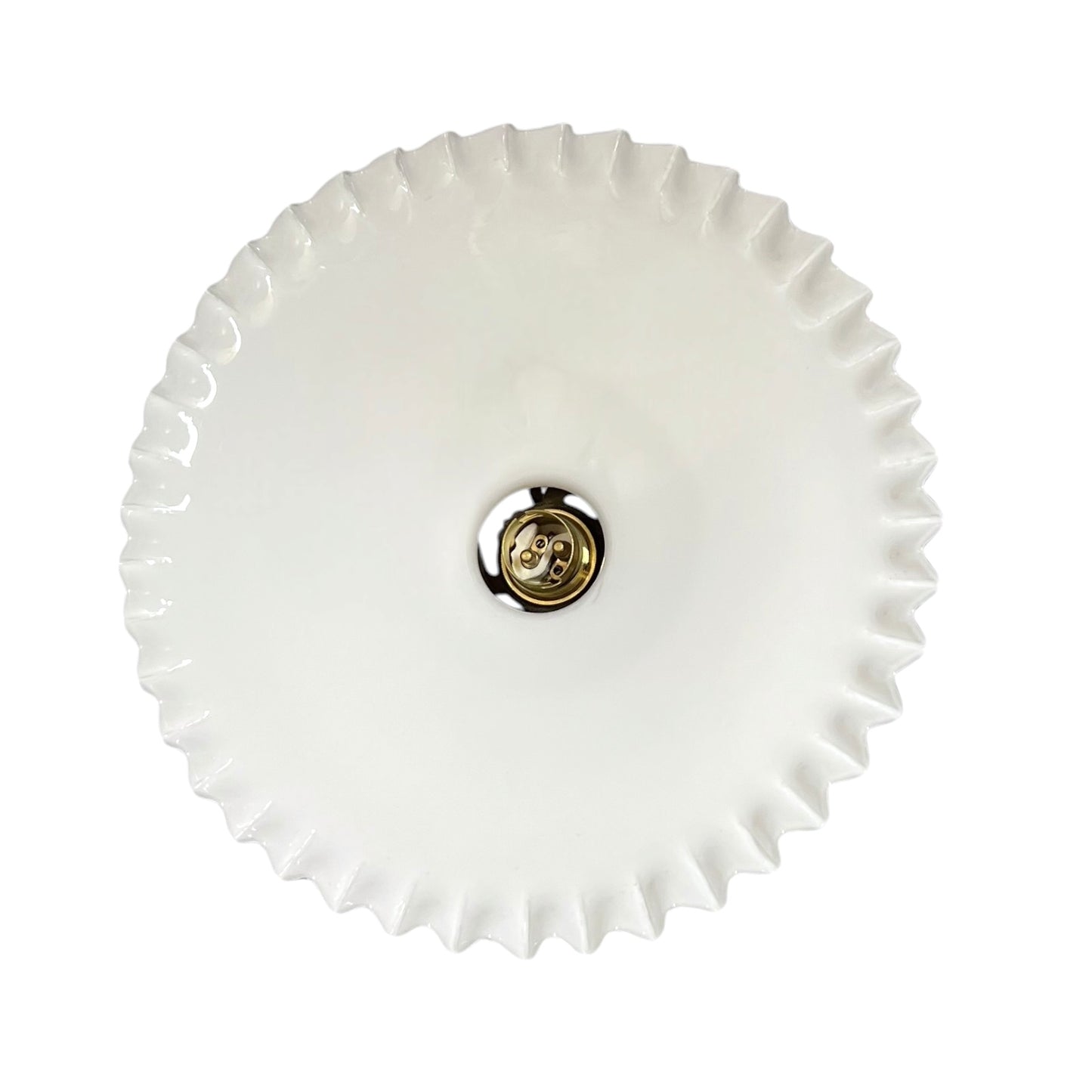 A white lampshade with a fluted, scalloped rim and a central brass mount, shown from a top-down perspective on a white background.