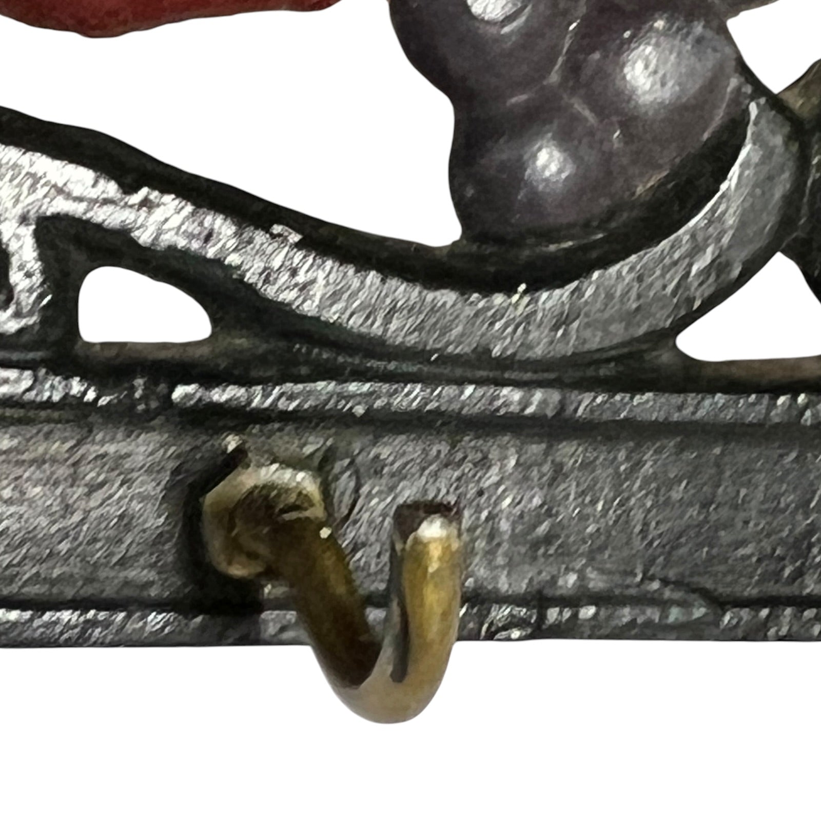 Close-up of a rustic cast iron wall hook with a textured dark gray finish and a small brass-toned hook, shown against a white background.