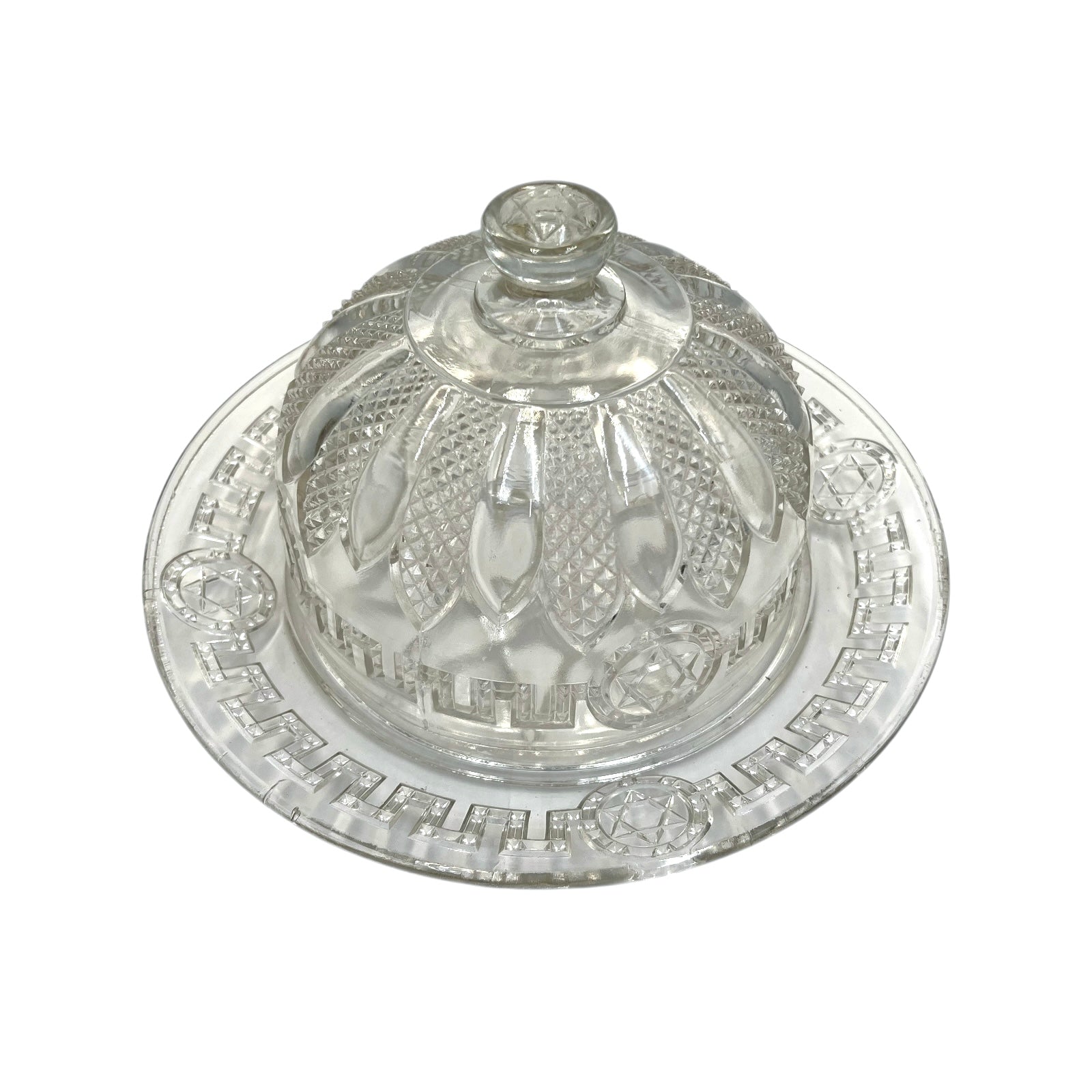 French Vintage Glass Cheese Dome Cloche and Matching Plate, Star of David Pattern