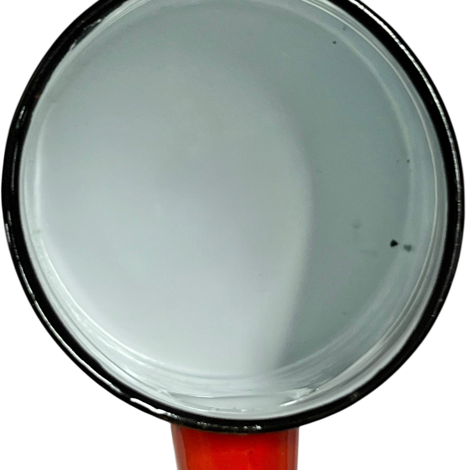 Close up of a red vintage French enamelled coffee pot on a white background