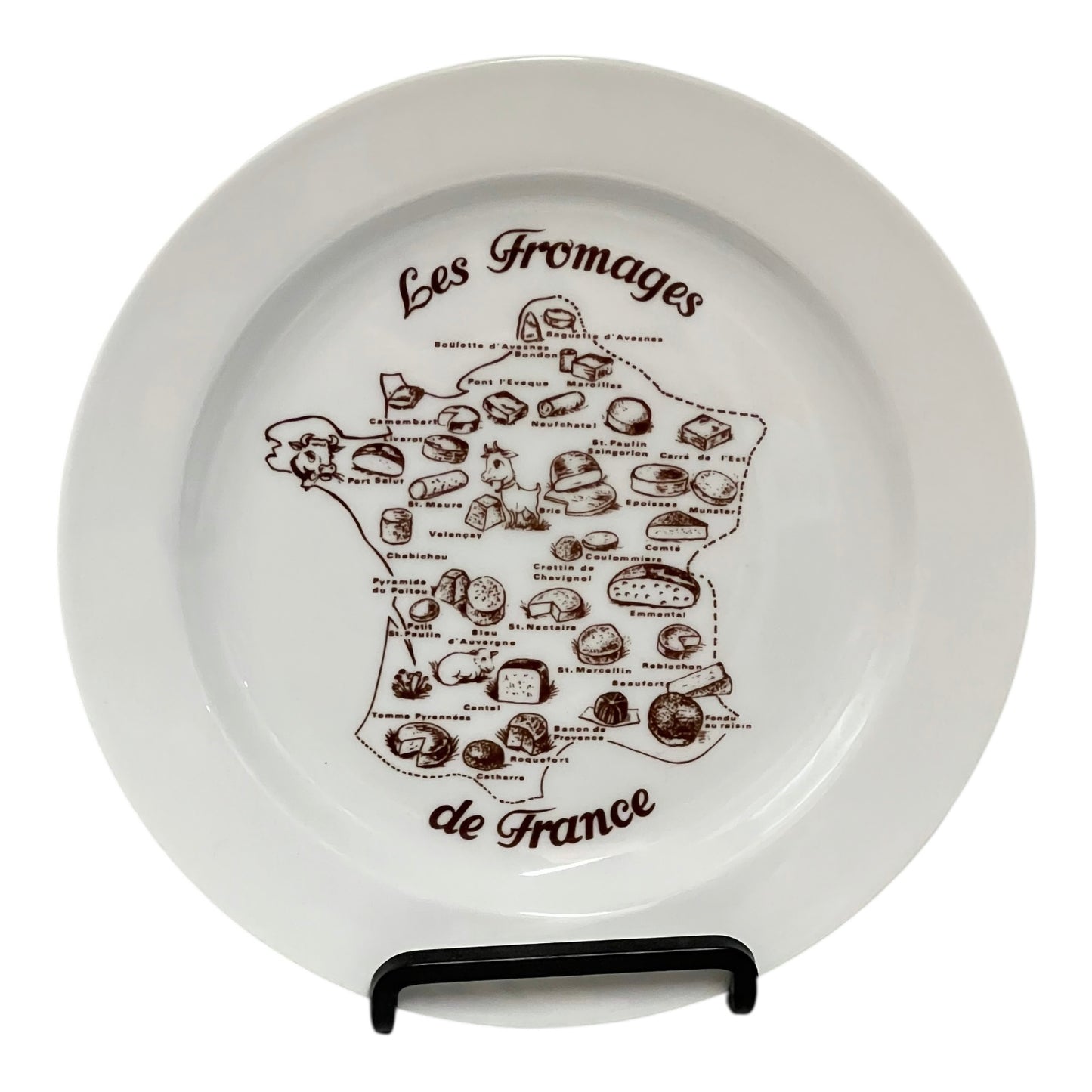 White plate with black illustration of French cheeses and text 'Les Fromages de France' on a white background