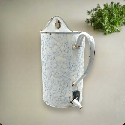 French vintage blue and white irrigator douche with a small spout, flat back and hanging hook