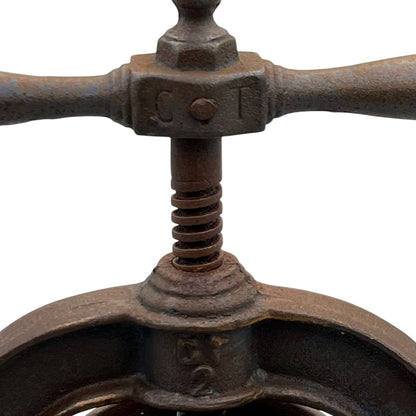 Close-up of a rusty metal lever mechanism of a fruit press on a white background