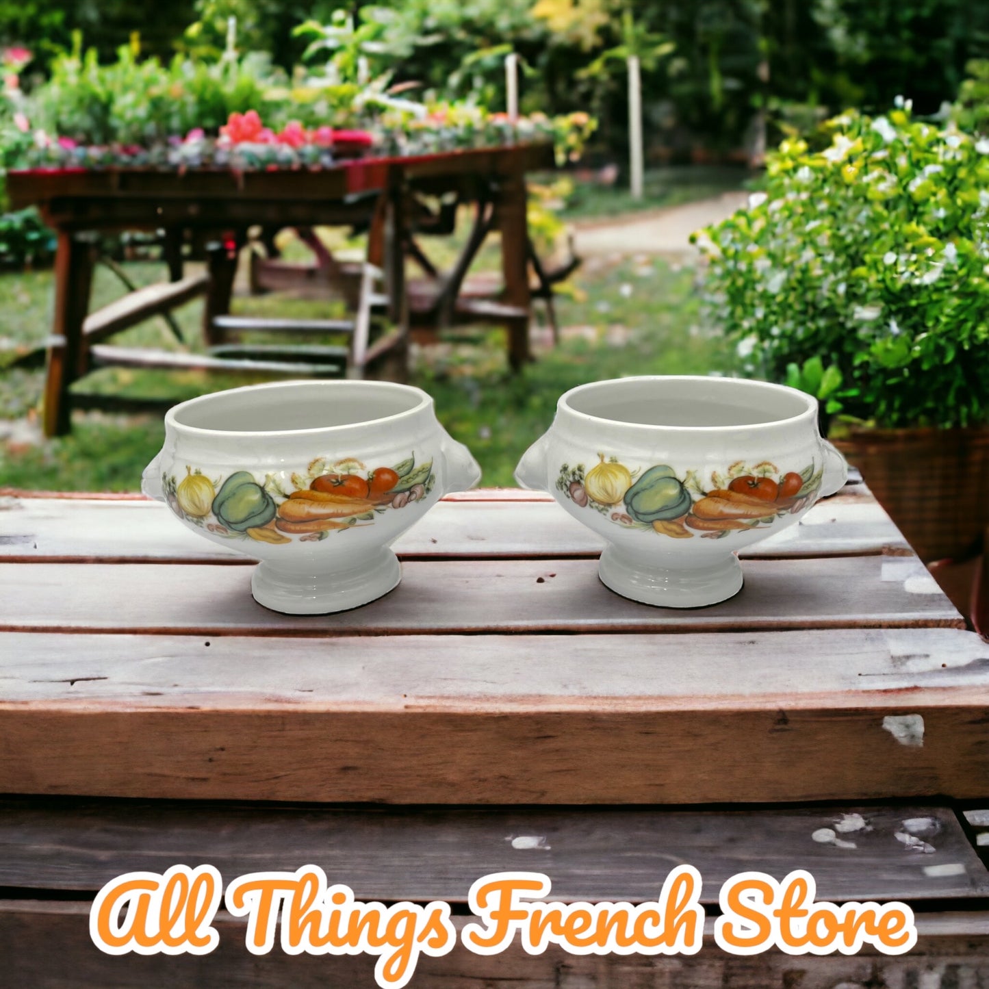 image pair of German traditional soup bowls on a rustic wooden table