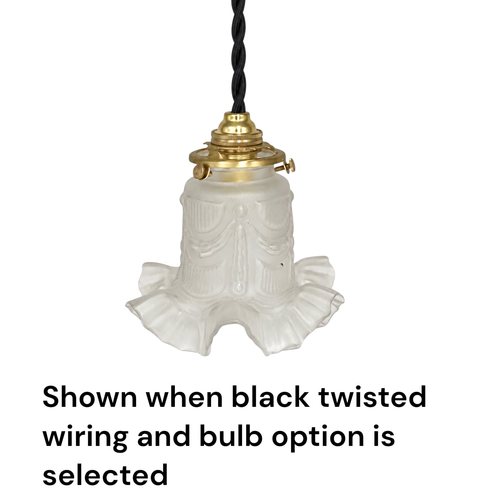 A hanging pendant light fixture with a white ruffled bell-shaped glass shade, a brass-toned socket, and a black twisted cord, shown on a white background with text reading 'Shown when black twisted wiring and bulb option is selected'.