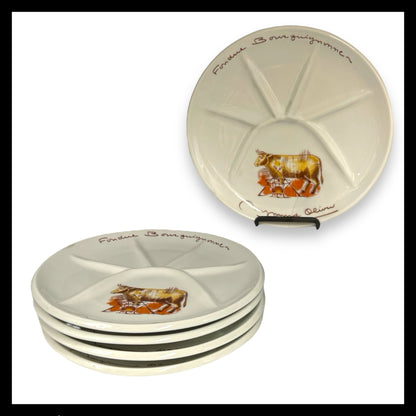 5 French Vintage Fondue Plates, Sectioned Buffet Portion Control Plates for sale from All Things French Store