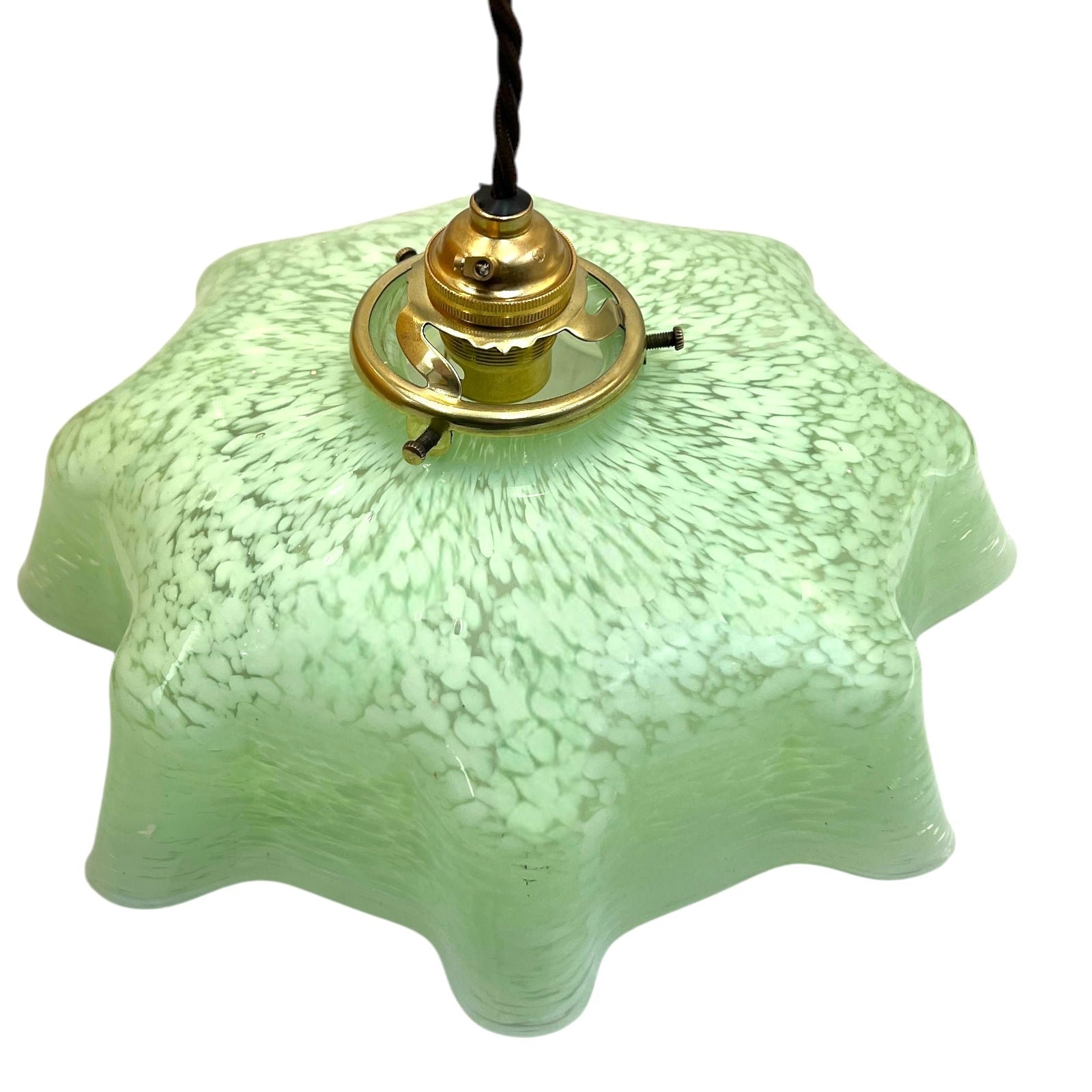 Vintage French Pendant Light, Green Mottled Milk Glass Hanging Lampshade 