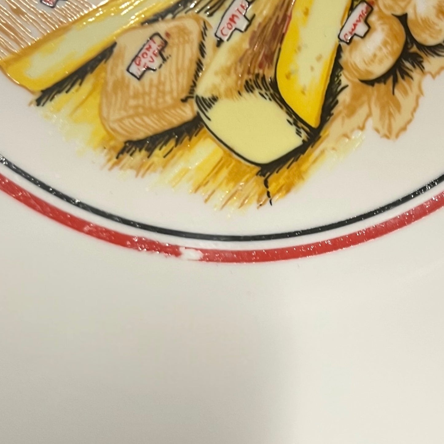 Close-up of a plate with a design of spaghetti and meatballs, featuring a brand logo.