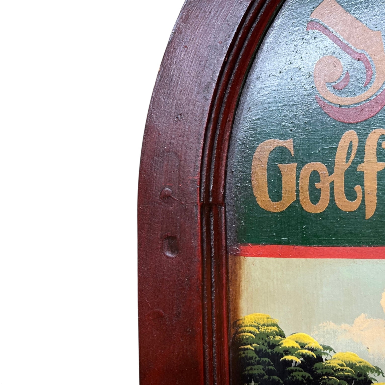 Vintage sign with 'Golf' branding and scenic design on a white background