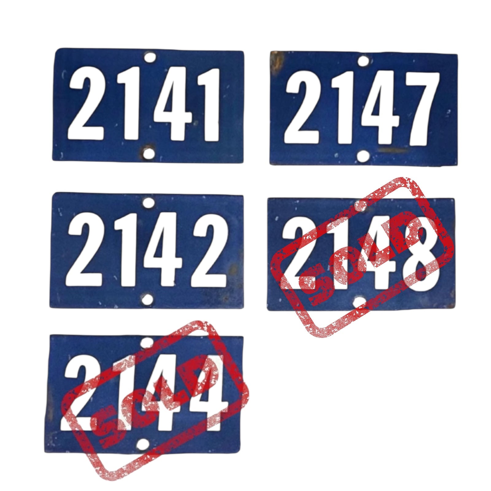 Set of blue number plates with red crossed-out numbers on a white background