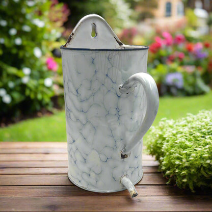 Vintage French Enamel Kitchen Jug or Garden Plant Pot in a  Shabby Chic style. Blue and white with a handle and spout