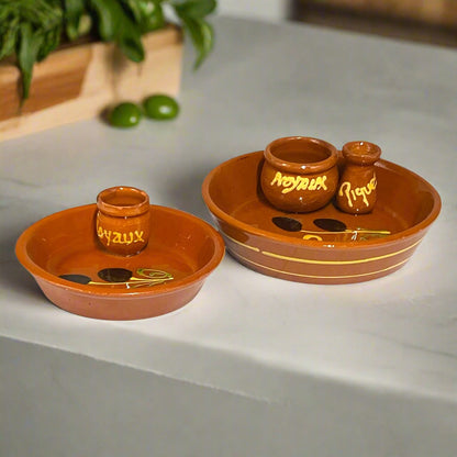 2 x French Olive Serving Dishes, Glazed Terracotta With Cocktail Stick Holders for sale from All Things French Store