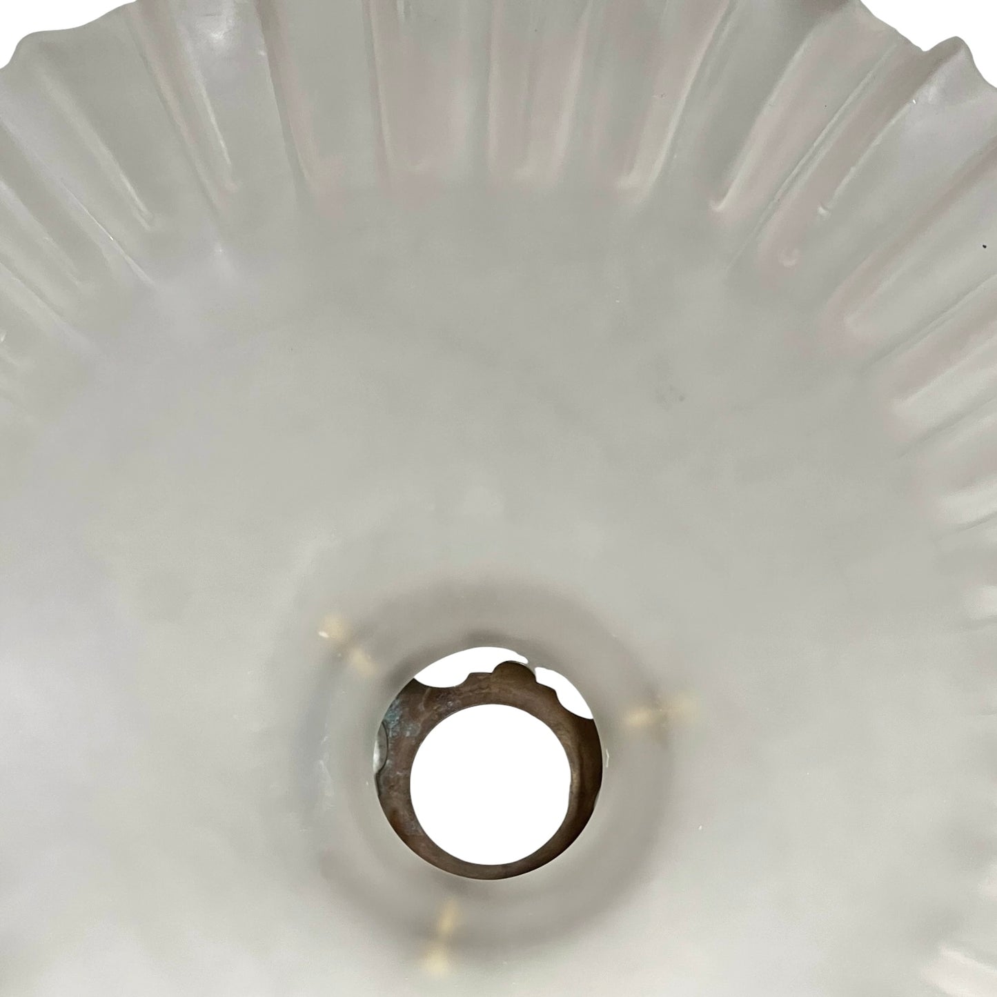 Close-up of a glass lamp shade with a scalloped edge on a white background