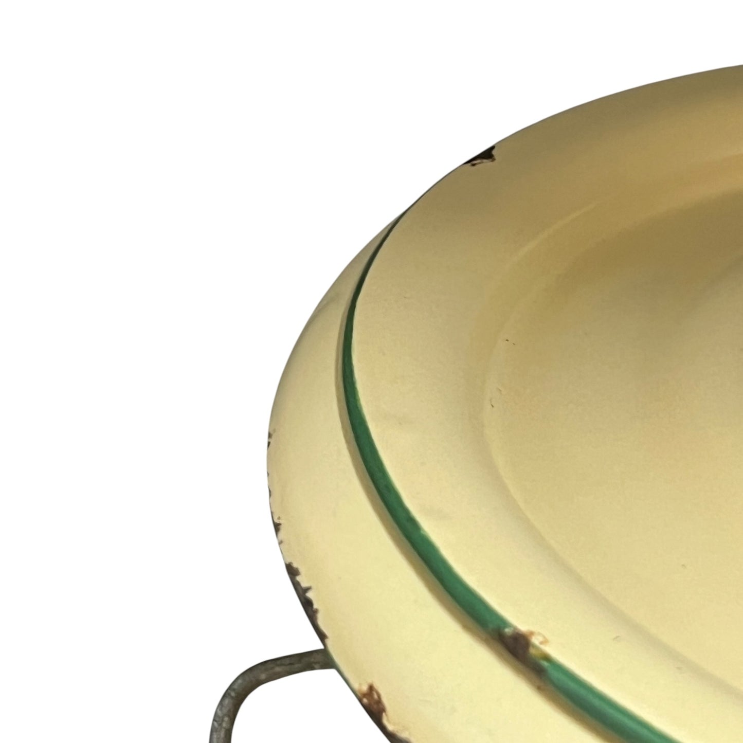 Close up of a French enamel bucket on a white background 
