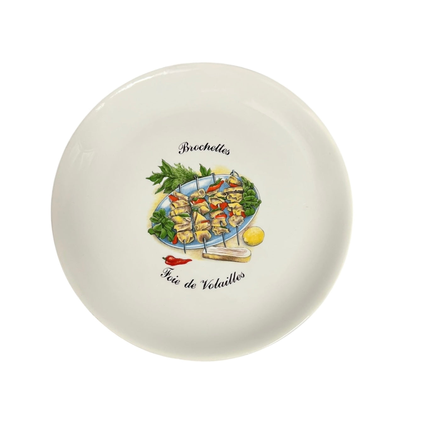 Round ceramic plate with food illustration and text on a white background