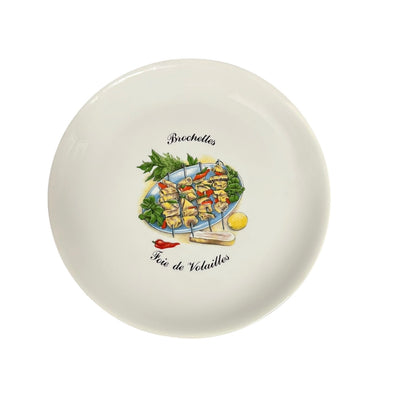 Round ceramic plate with food illustration and text on a white background