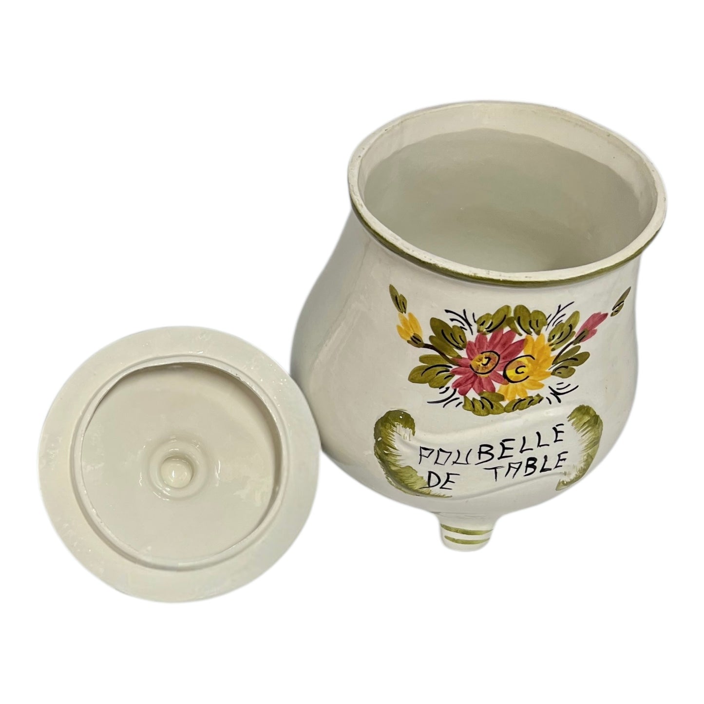 Decorative ceramic container with floral design and text on a white background