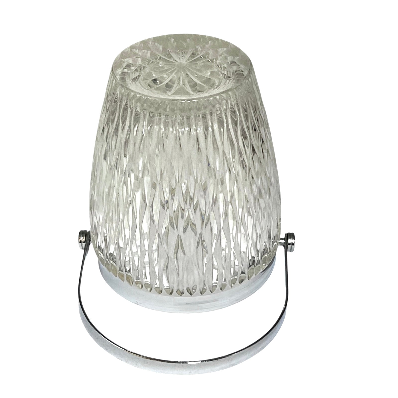 French vintage glass ice bucket with a silver coloured collar and a handle on a white background 